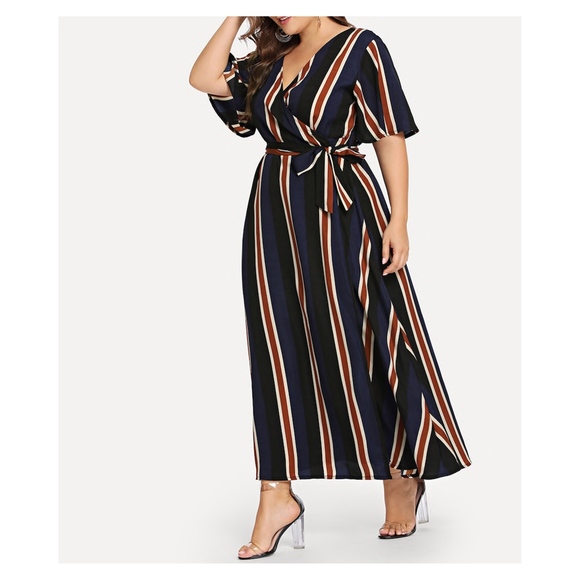 Blue Striped V Neck Wrap Plus Size Maxi Dress - Picture 3 of 5